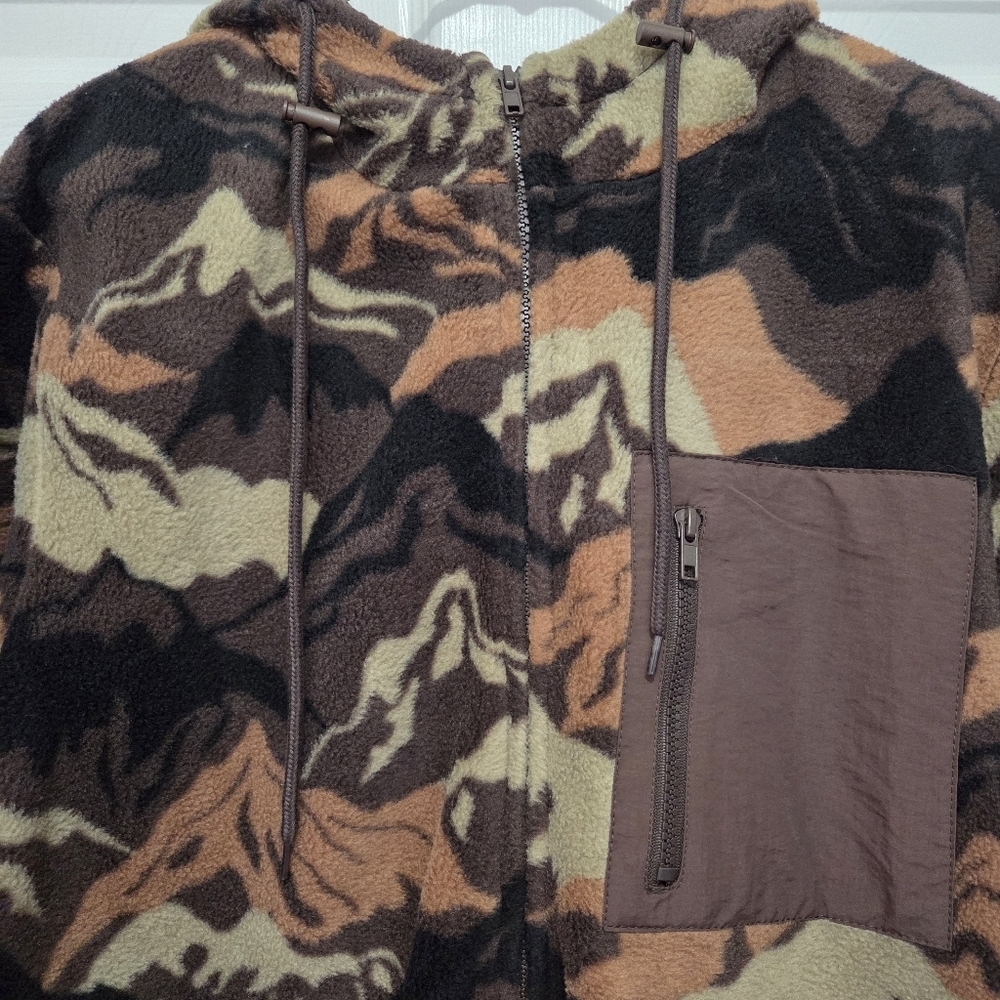 Free Nature Mountain Pattern Full Zip Polar Fleece Hooded Jacket Men Size Large - Picture 5 of 11